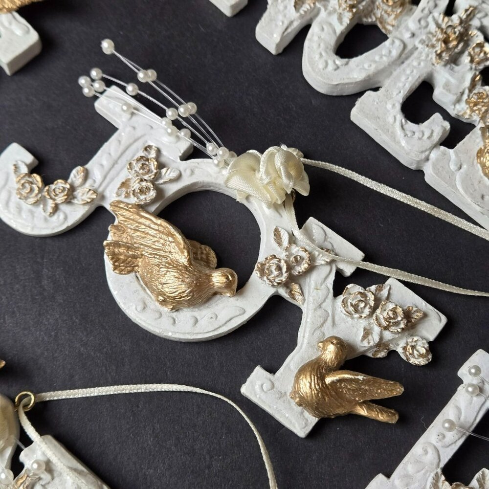 Vintage White Gold Christmas Word Ornaments Set Of 5 Love Joy Noel Doves Roses - Picture 4 of 12